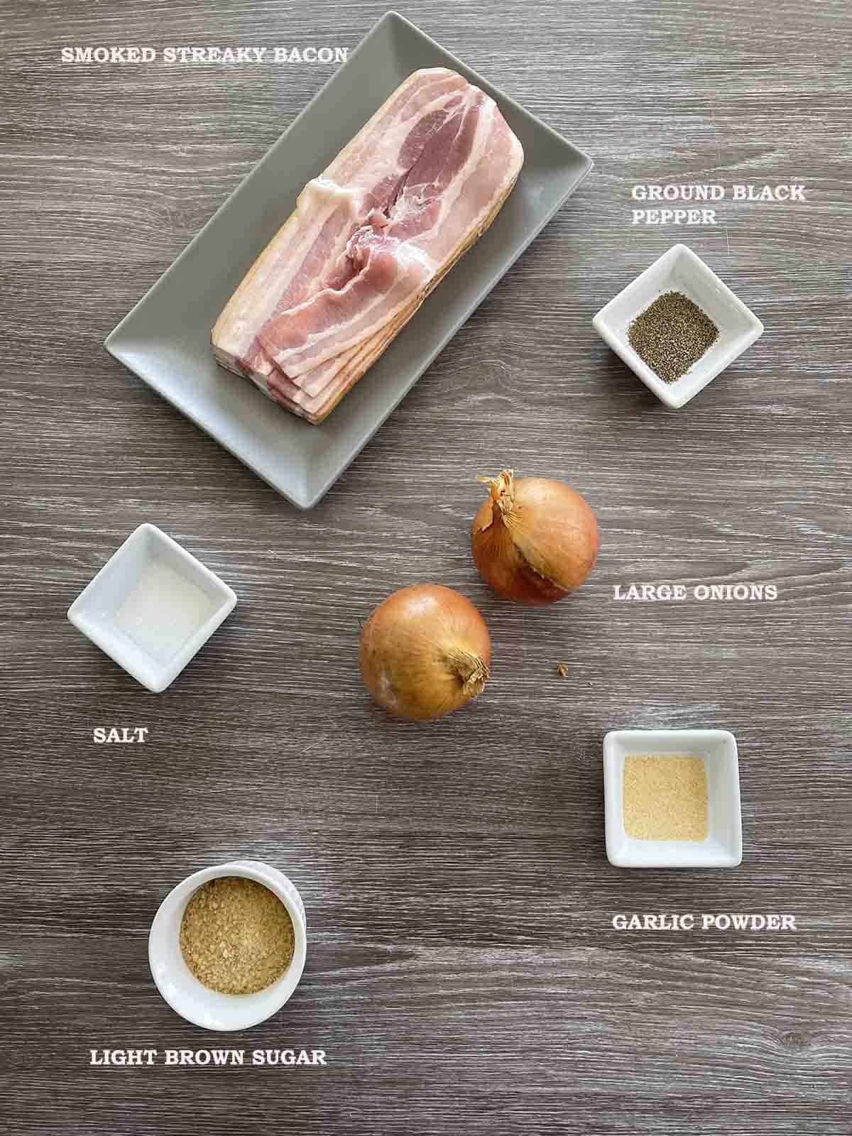 ngredients including onions, bacon sugar and seasoning.