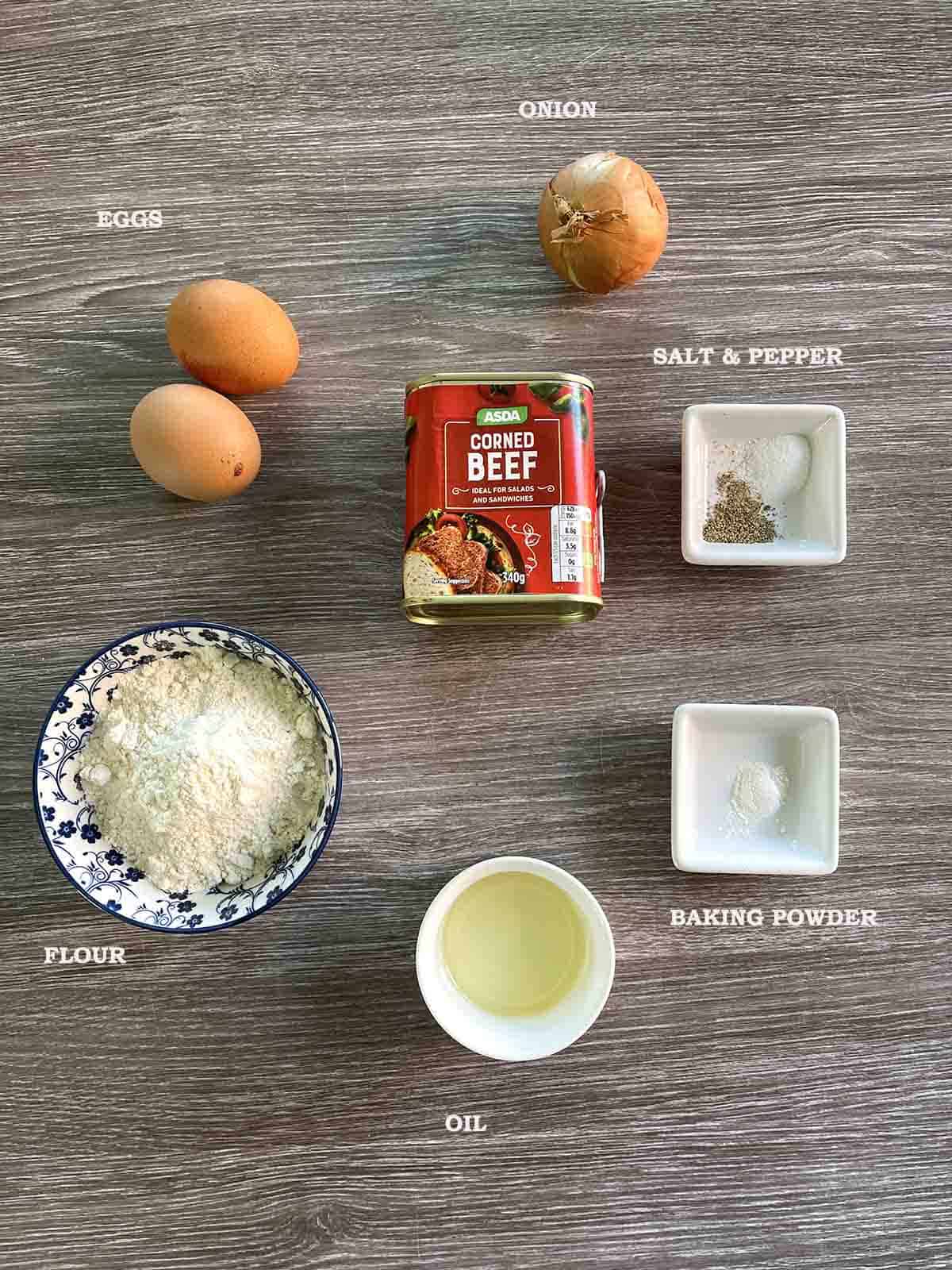 ingredients including corned beef, eggs, flour and onion.