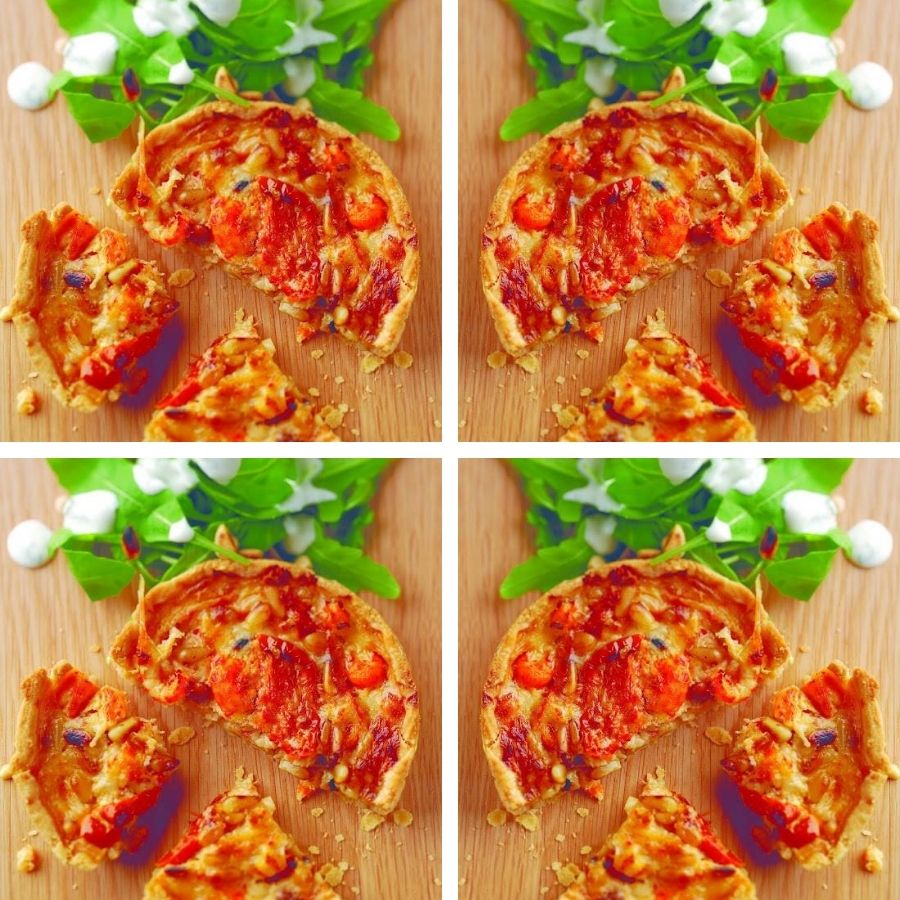 Crayfish, Gruyere And Sun-blush Tomato Tart Served With Wild Rocket And Toasted Kernels. Crayfish, Gruyere And Sun-blush Tomato Tart Served With Wild Rocket And Toasted Kernels.