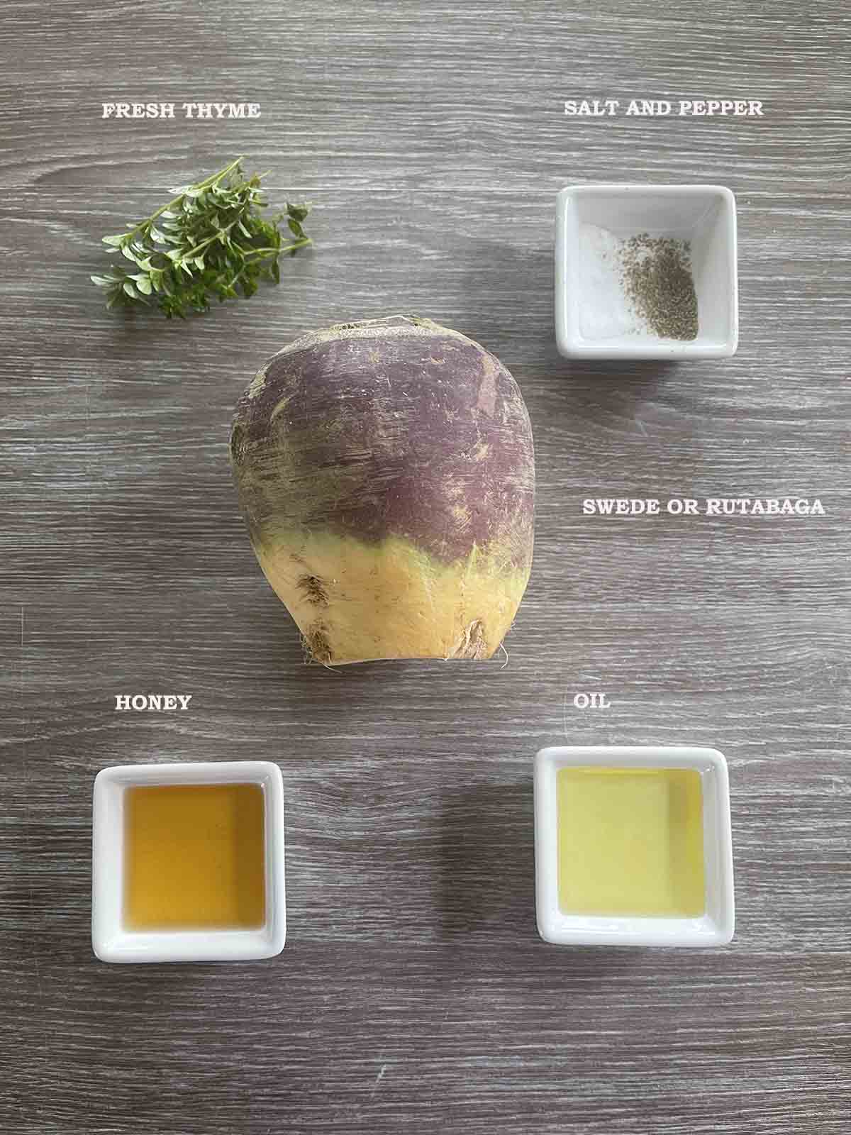 ingredients including swede, oil, honey and thyme.