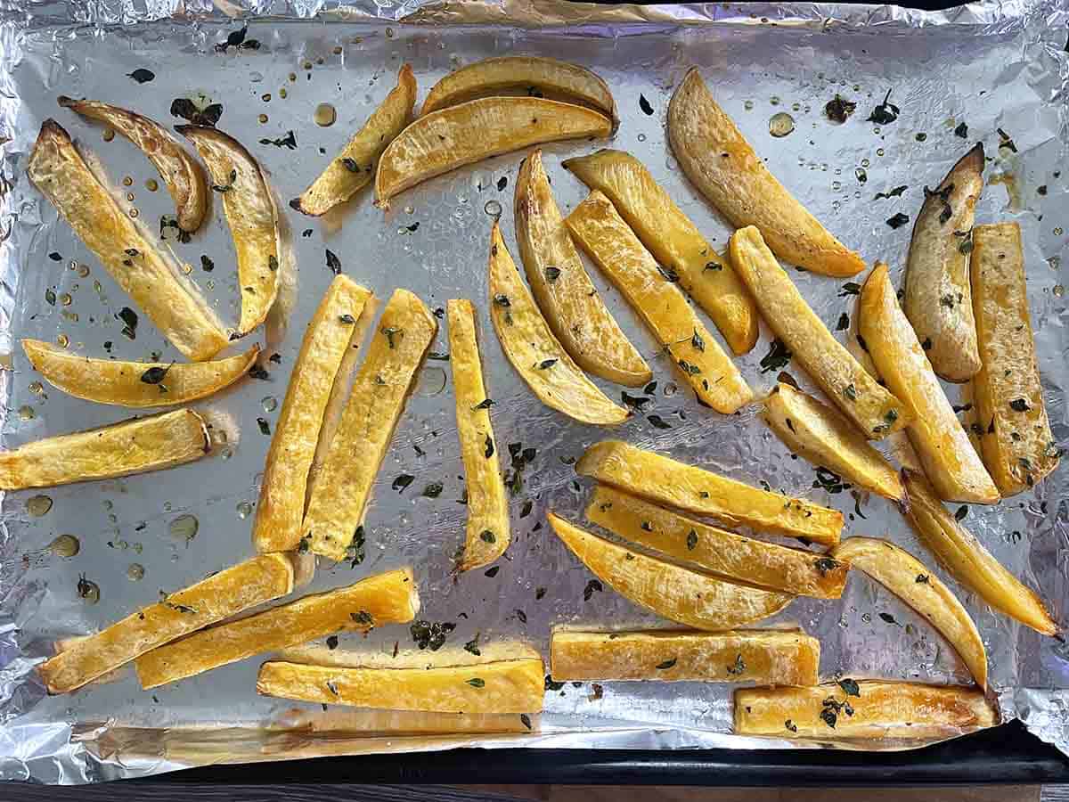 swede cooked on a tray.