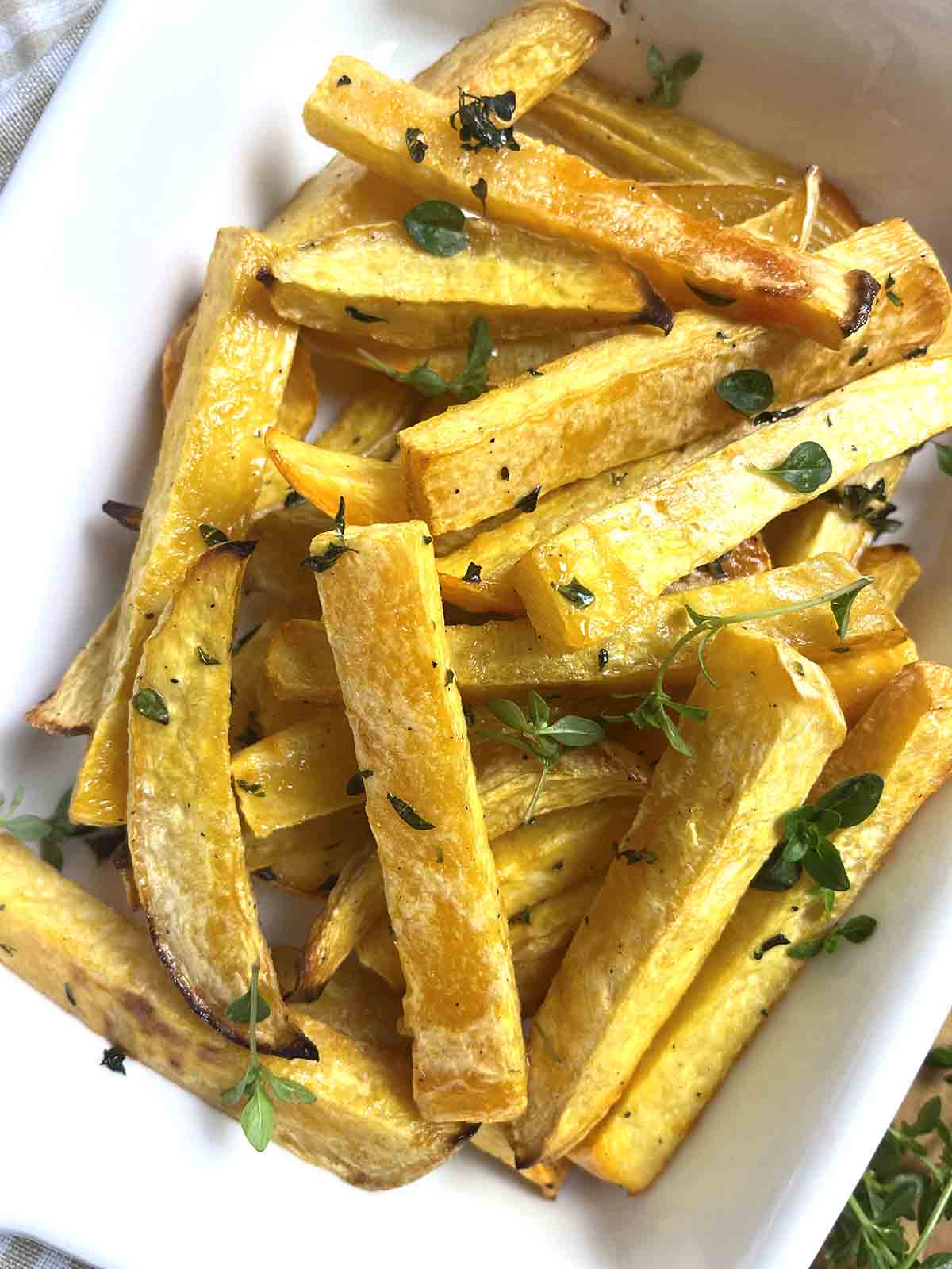 close up of roasted swede low carb fries.
