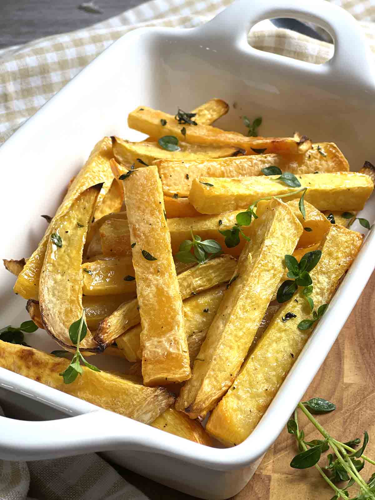 close up of roasted swede or rutabaga chips.