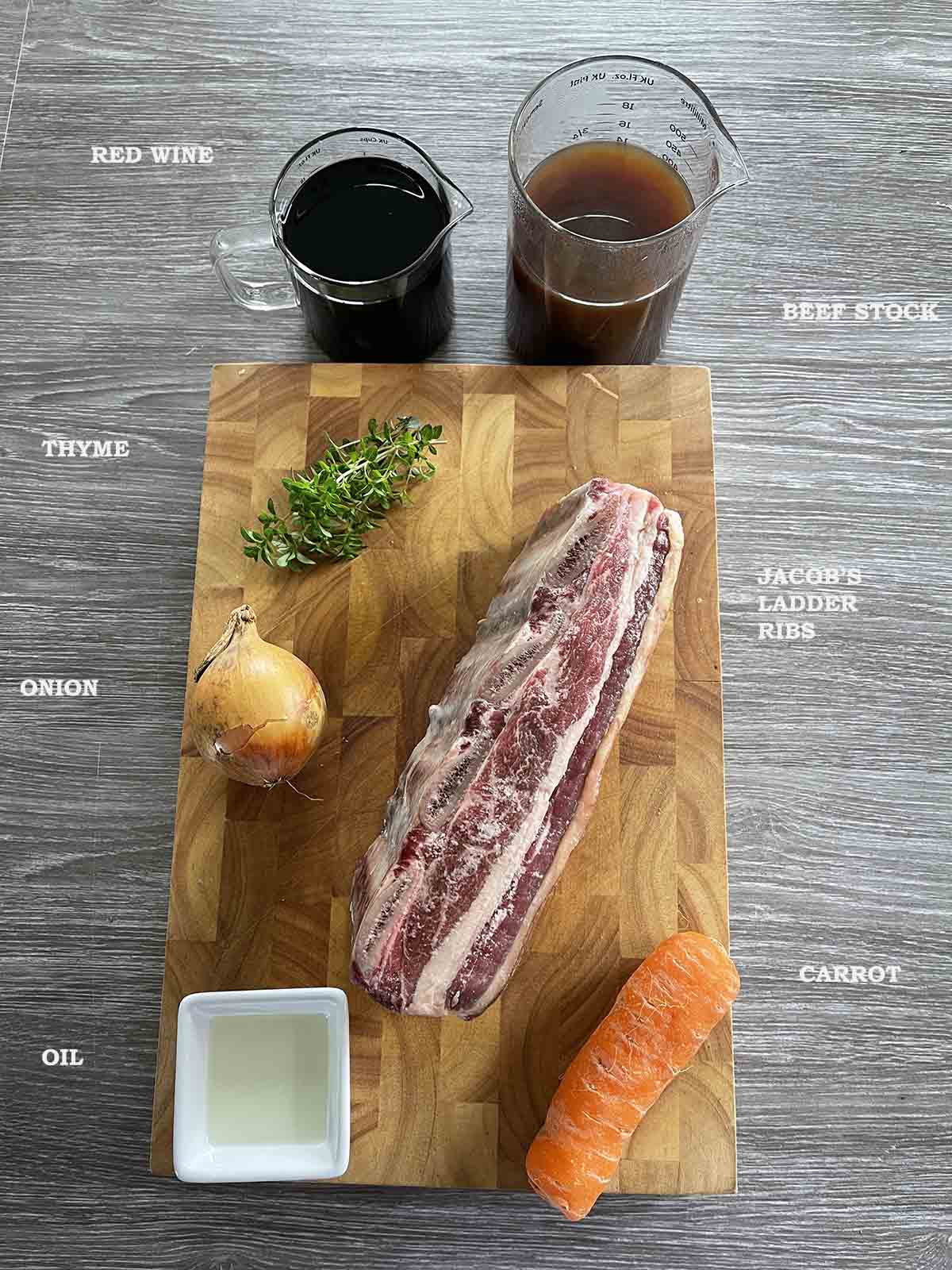 ingredients including beef, thyme, winestock and vegetables.
