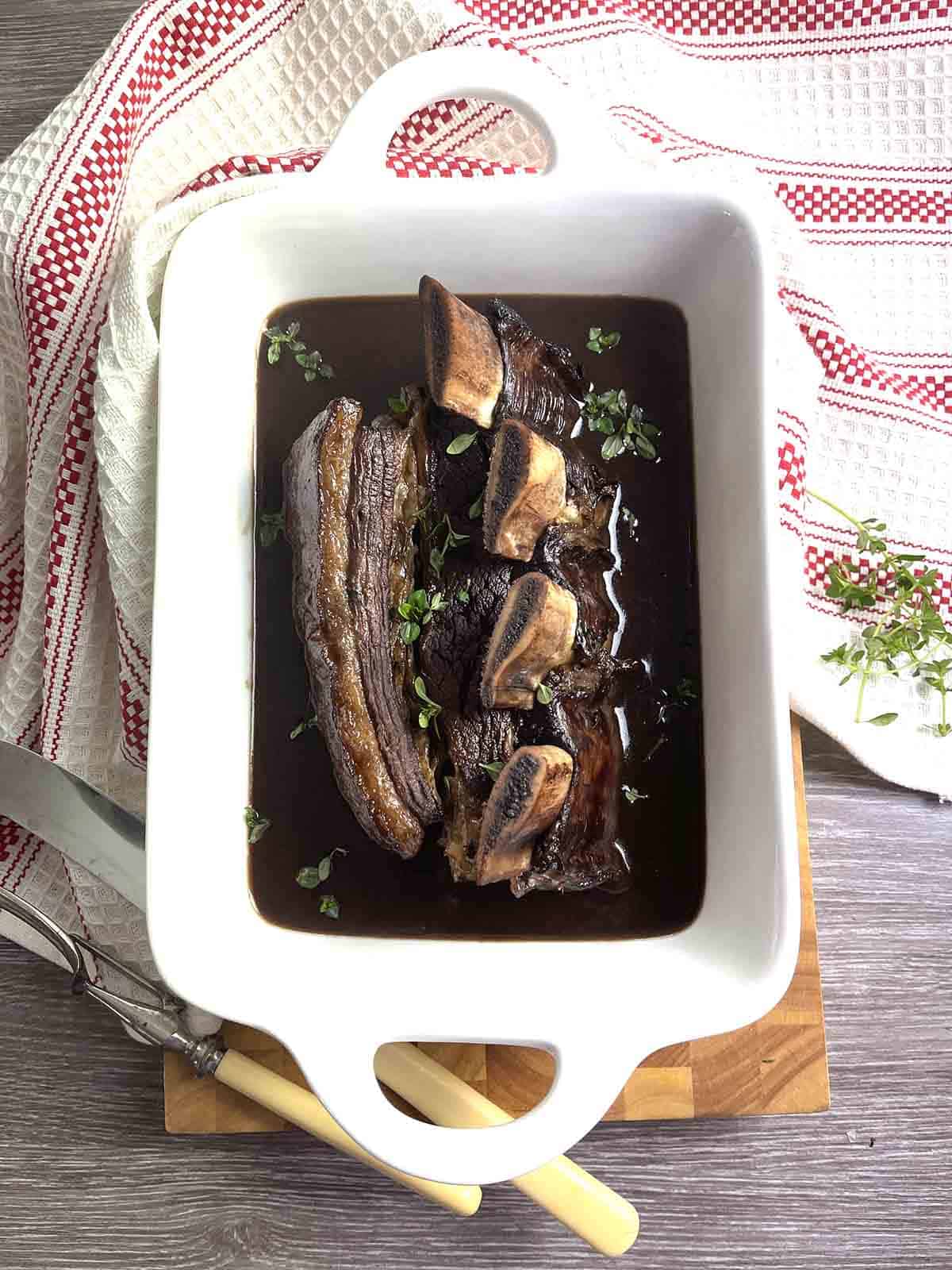 Jacobs ladder beef in a serving dish.