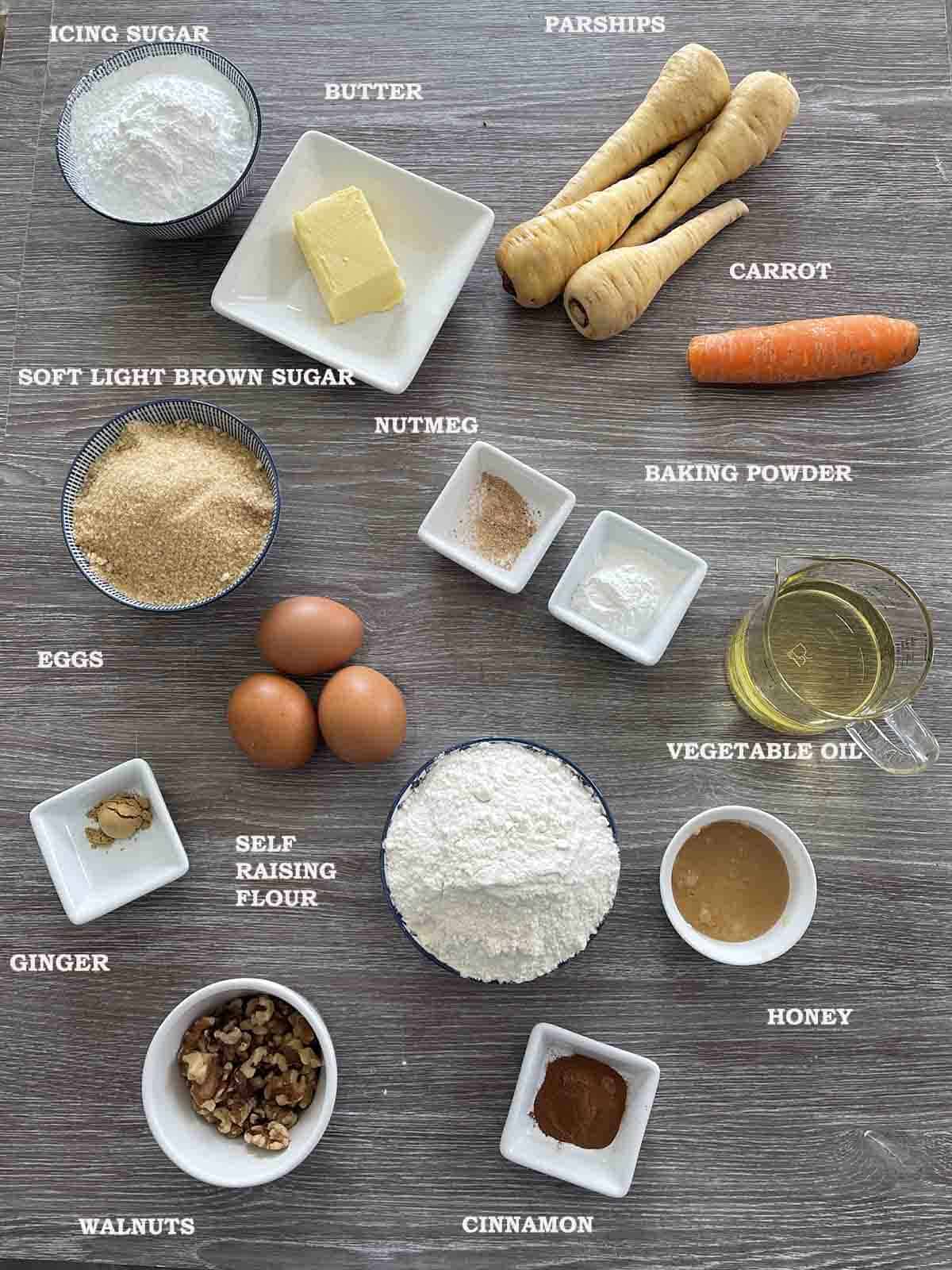 ingredients including parnsips, carrot, oil, walnuts flour and eggs.