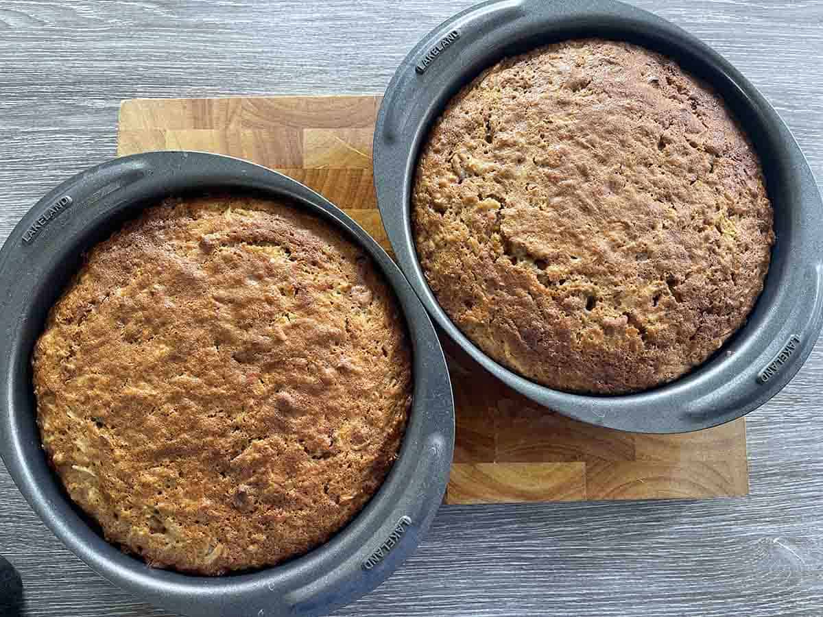 cooked cakes in tins.