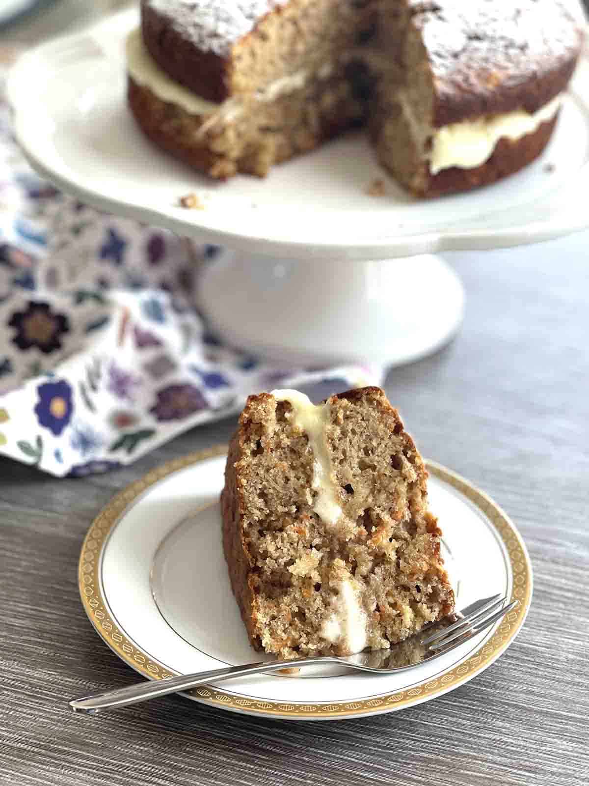 slice of cake on a plate.