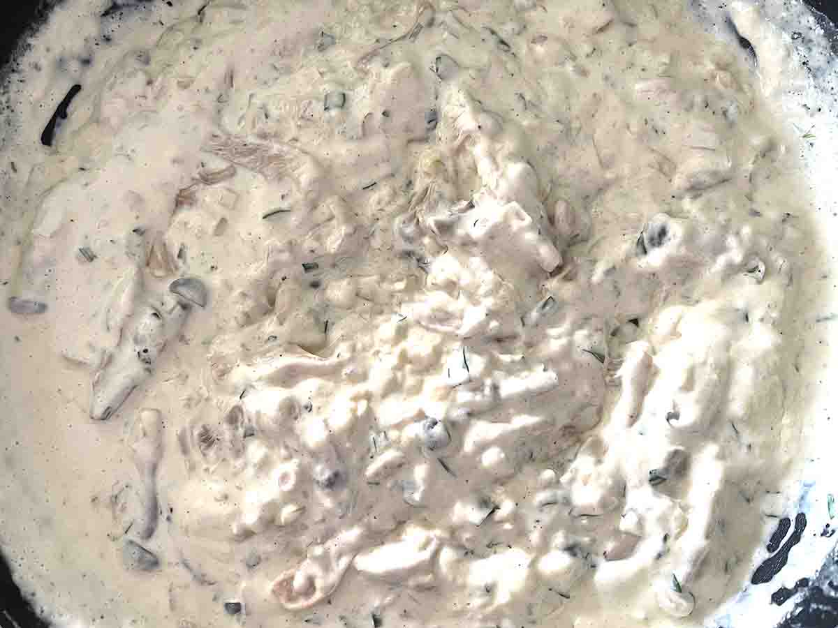 cream added to mushrooms.