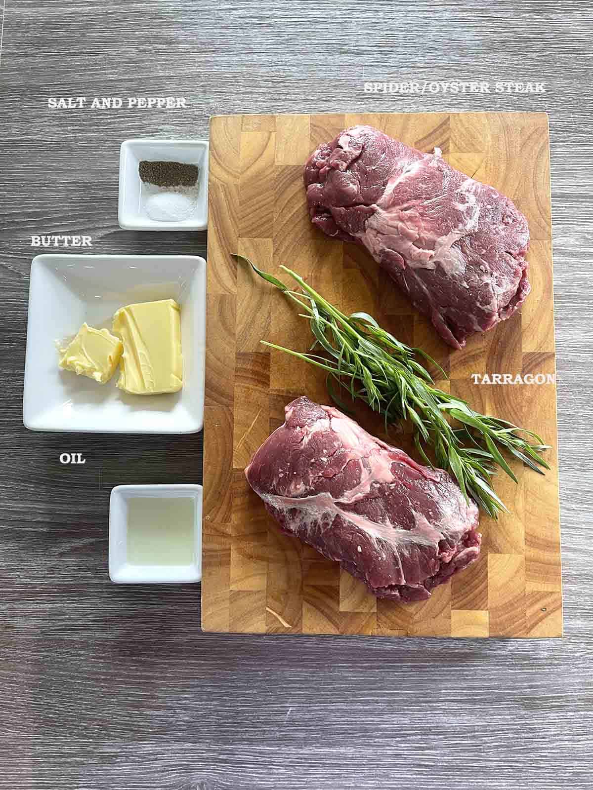 ingredients including steak, butter tarragon and seasoning.