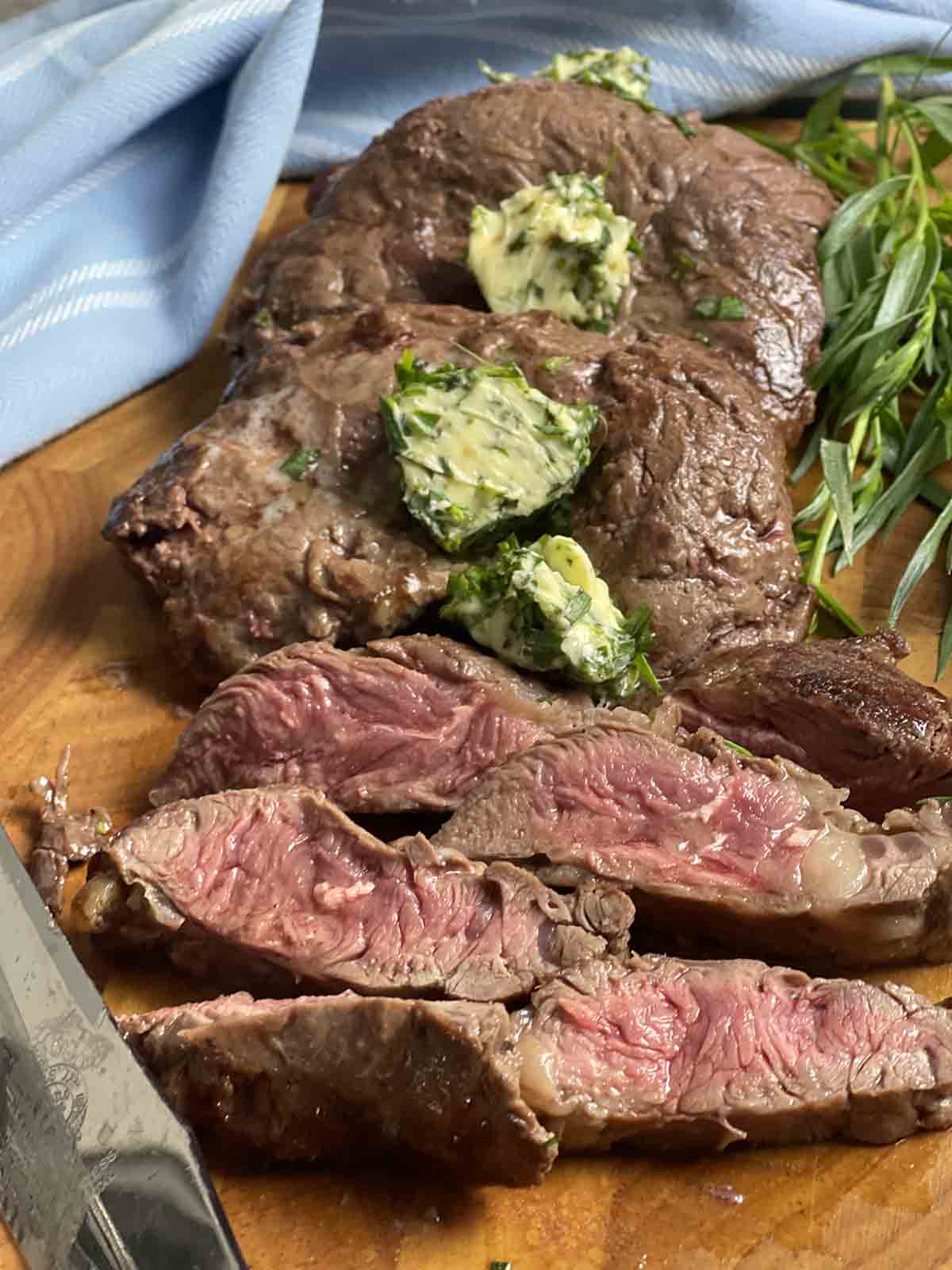 sliced popes eye steak.