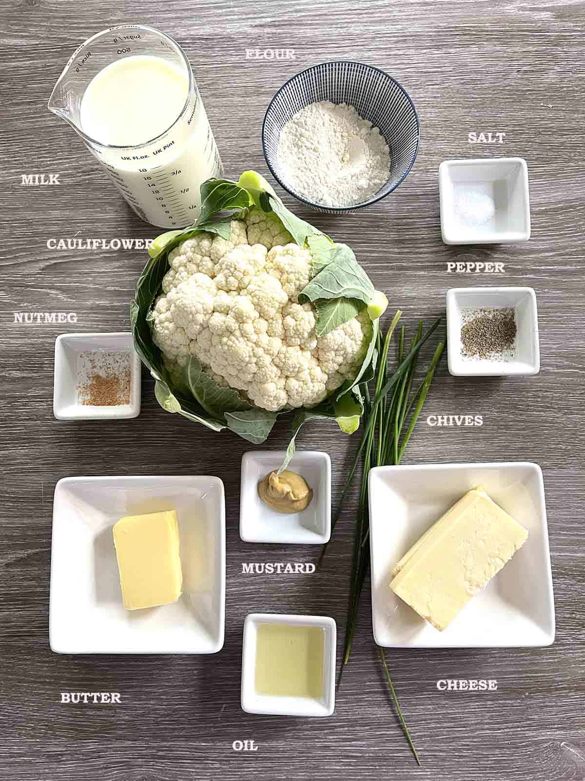 ingredients including cauliflower, cheese, milk, flour, mustard and butter.