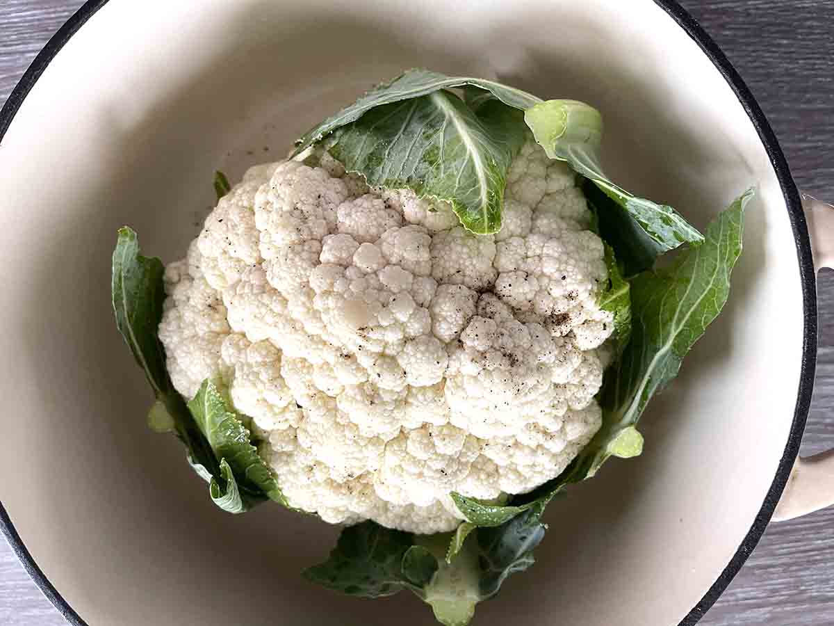 cauliflower in a casserole dish.