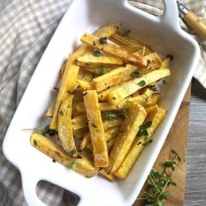 honey roasted swede in a dish.