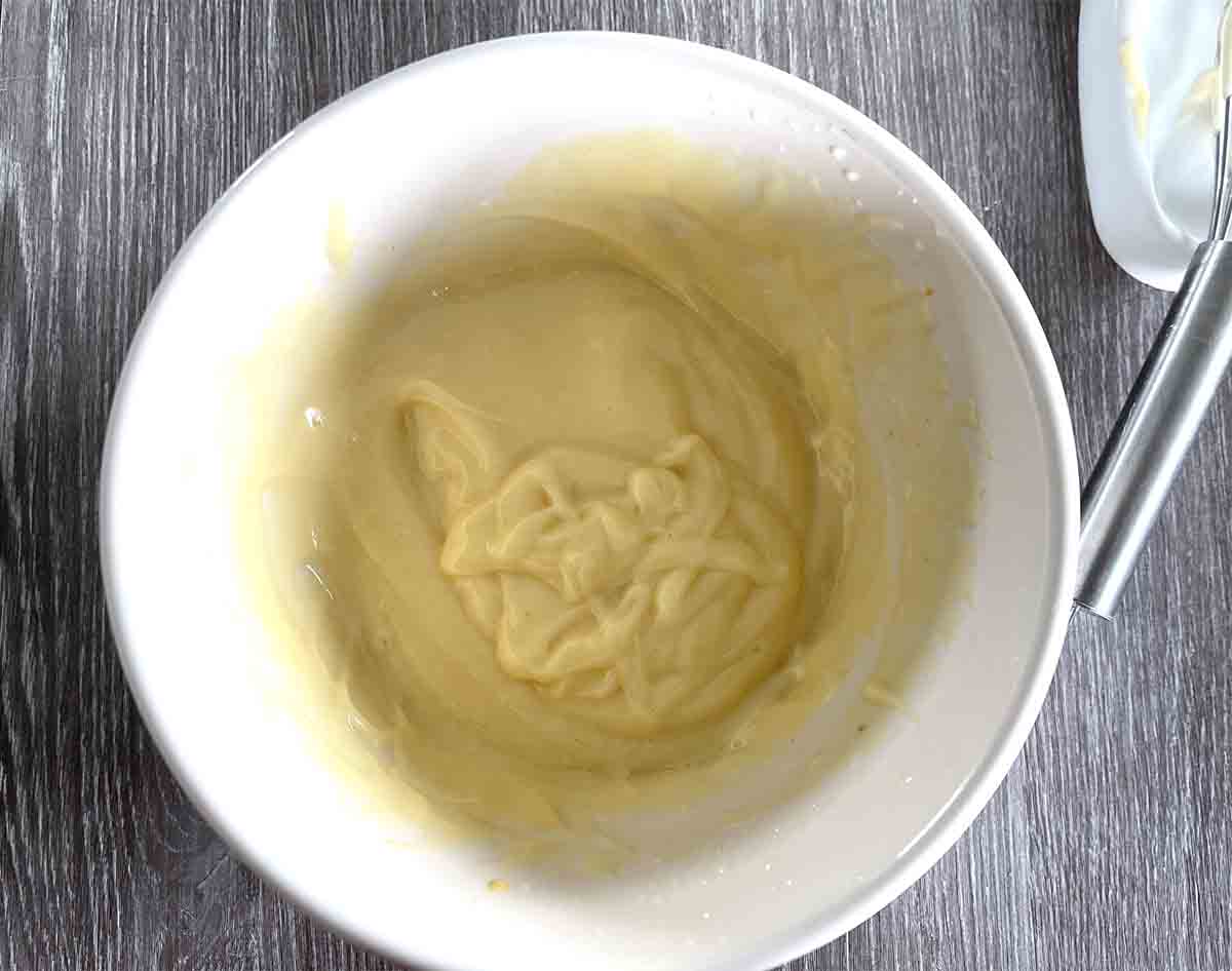 oil whisked into egg yolks.