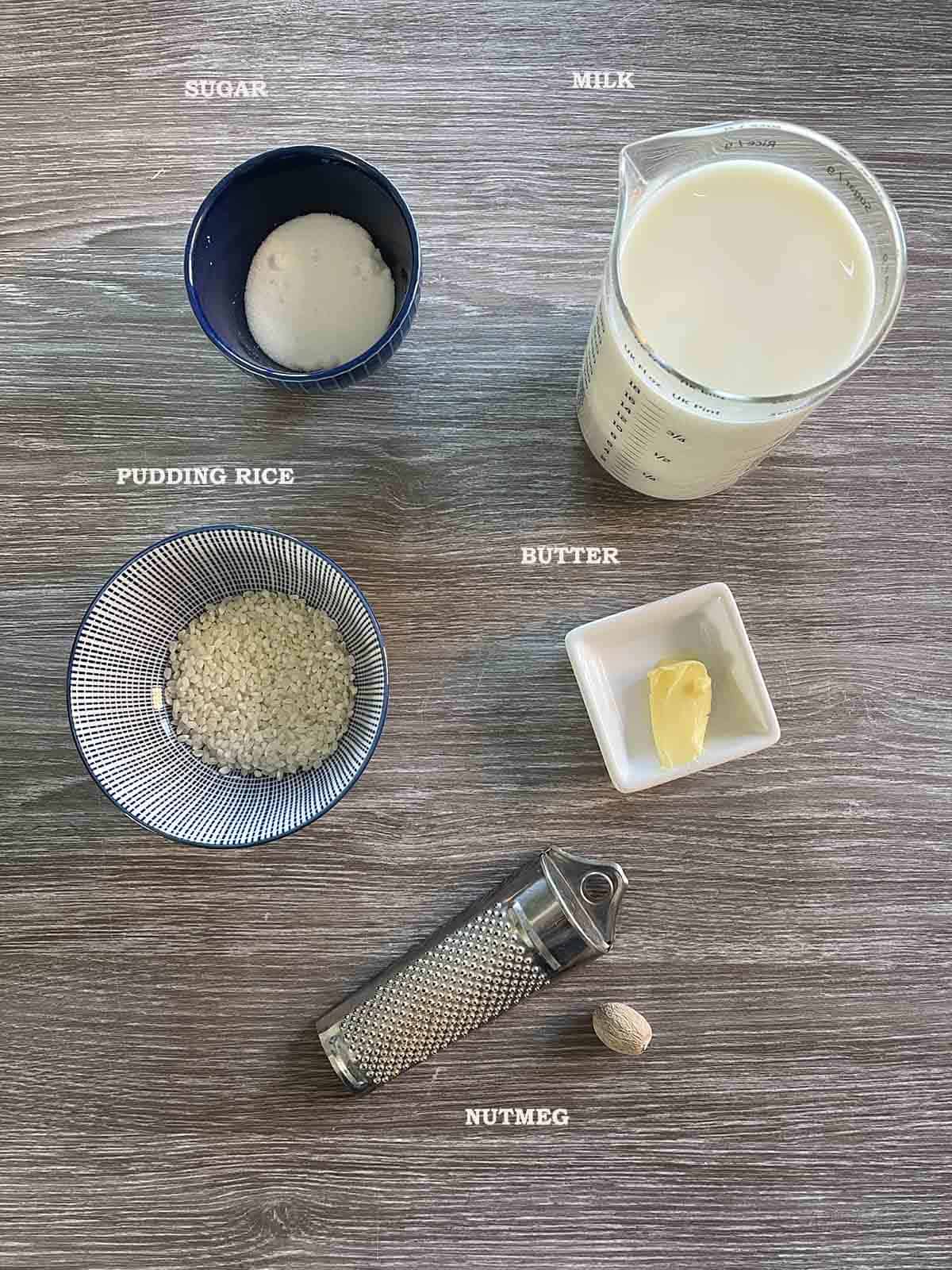 ingredients including rice, sugar, milk, butter and nutmeg.