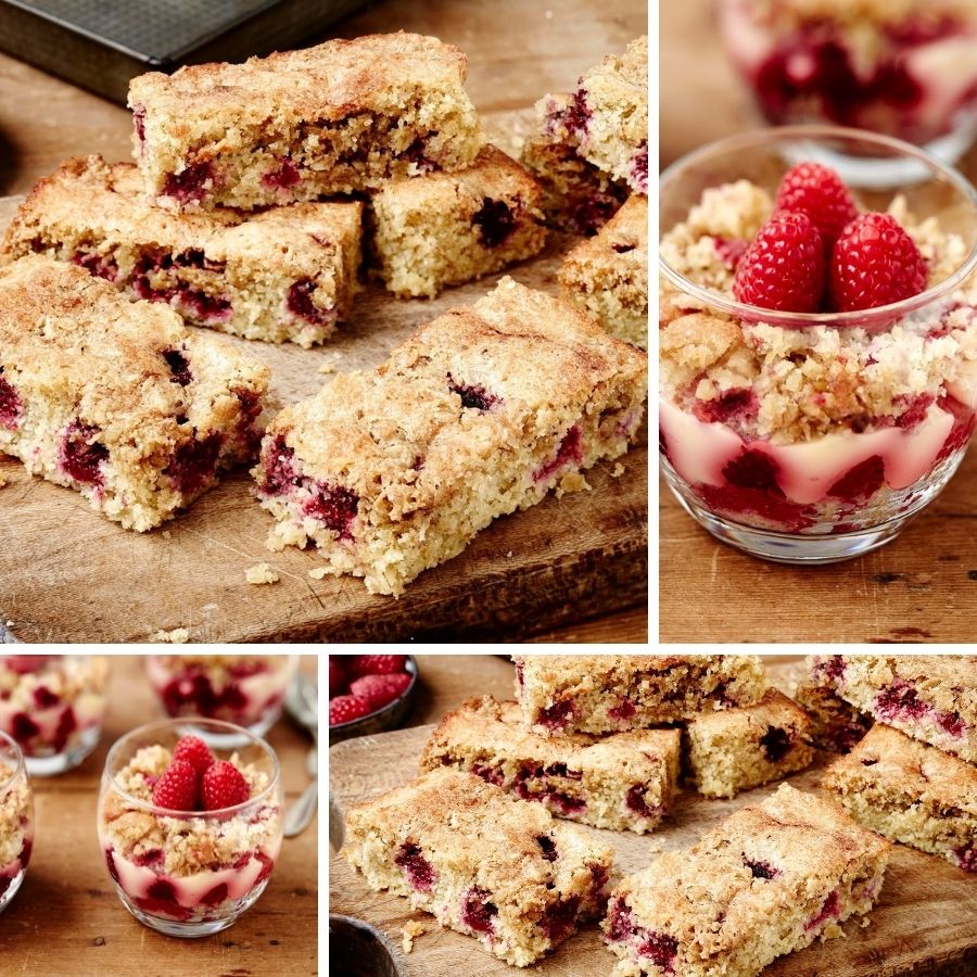 Gluten Free Raspberry, Almond & Oat Streusel Tray Bake And Gluten Free Raspberry Trifle Pots. Gluten Free Raspberry, Almond & Oat Streusel Tray Bake And Gluten Free Raspberry Trifle Pots.