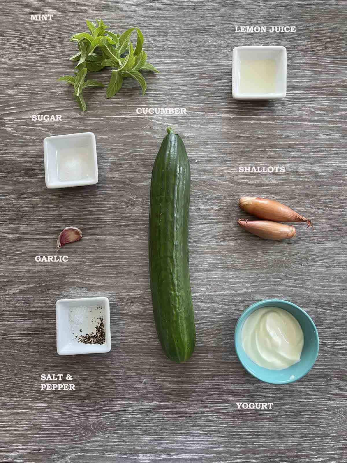 ingredients including cucumber, yogurt, mint, shallots and seasoning.