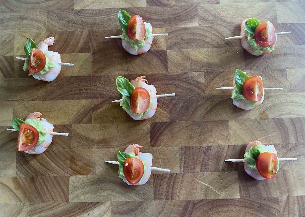 tomato added to prawn skewers.