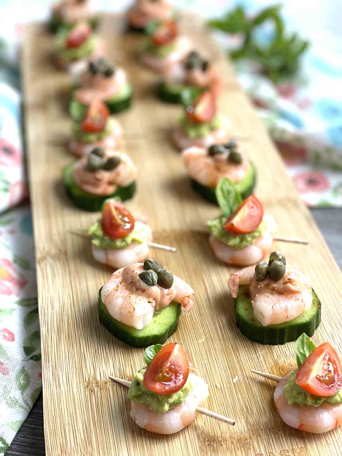 prawn canapes on a board.