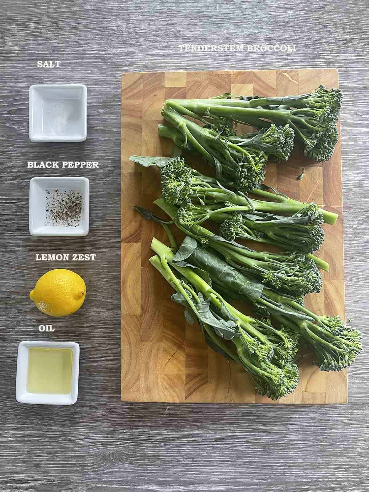 ingrdients including broccoli, lemon, oil and seasoning.e