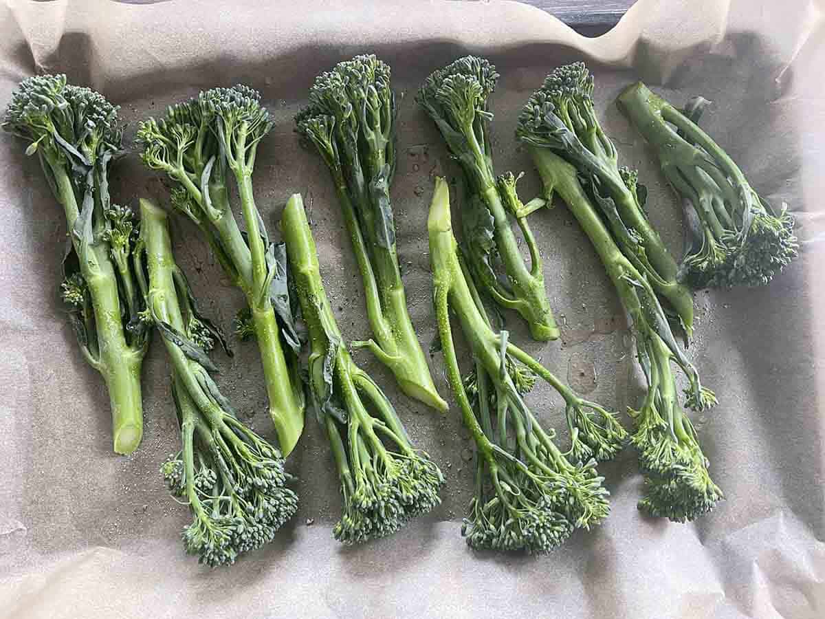 broccoli on a roasting tray.