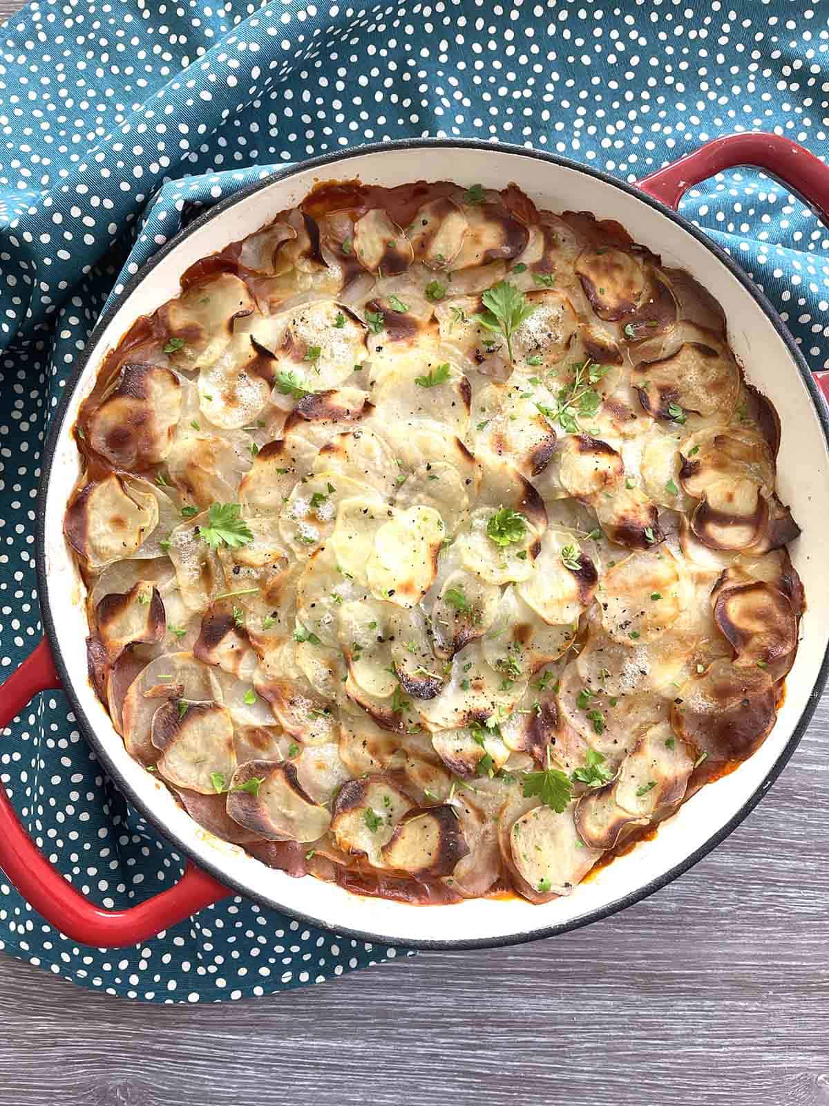 sausage hotpot in a dish.