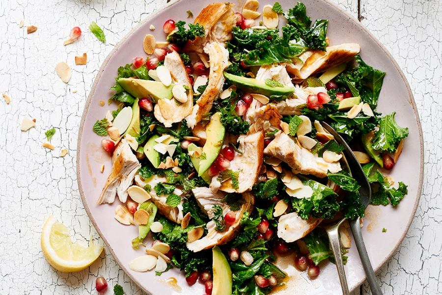 Shredded Turkey Salad with Fresh Mint, Miso Kale, Flaked Almonds, Avocado and Pomegranate 
