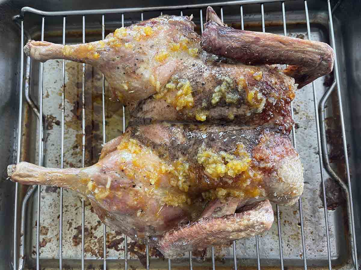 cooked duck on a rack.