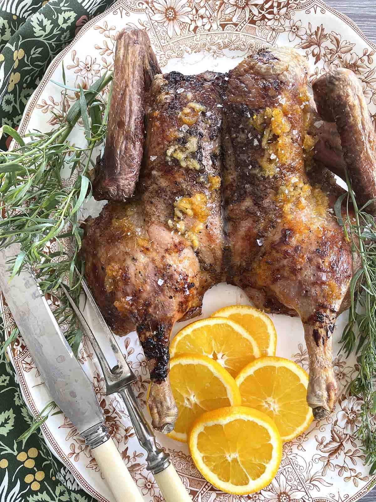 roast duck on a plate.