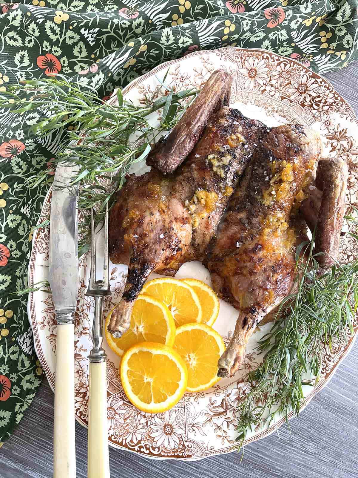 roast duck on a plate.