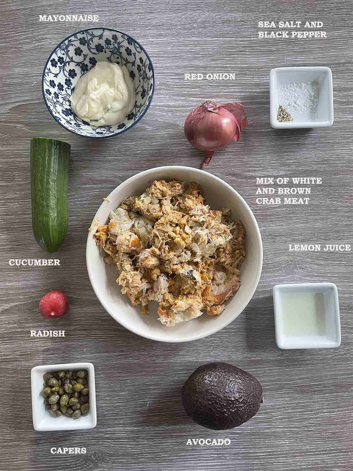 ingredients including crabmeat, cucumber, avocado and mayonnaise.