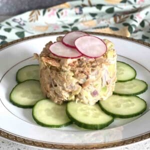 spicy crab salad on a bed of cucumber.
