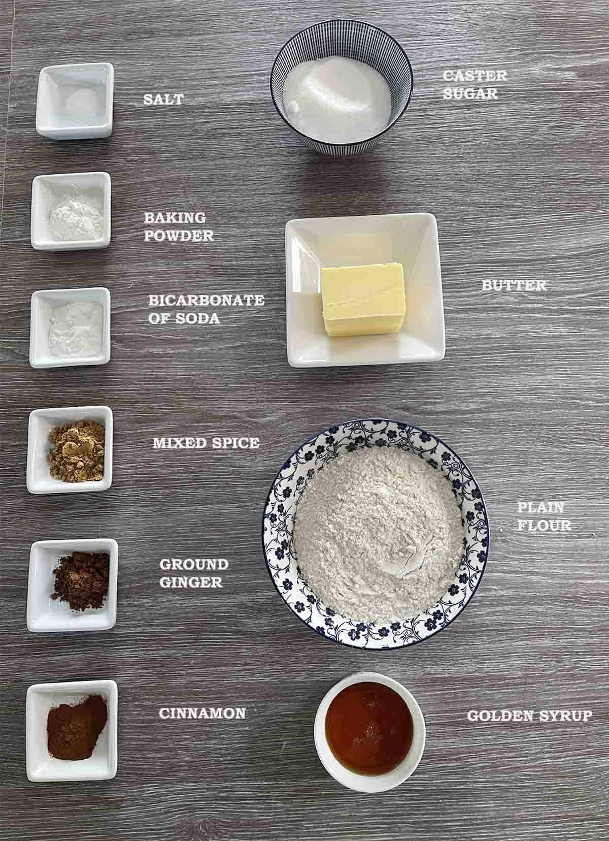 ingredients including flour, butter, sugar and spices.