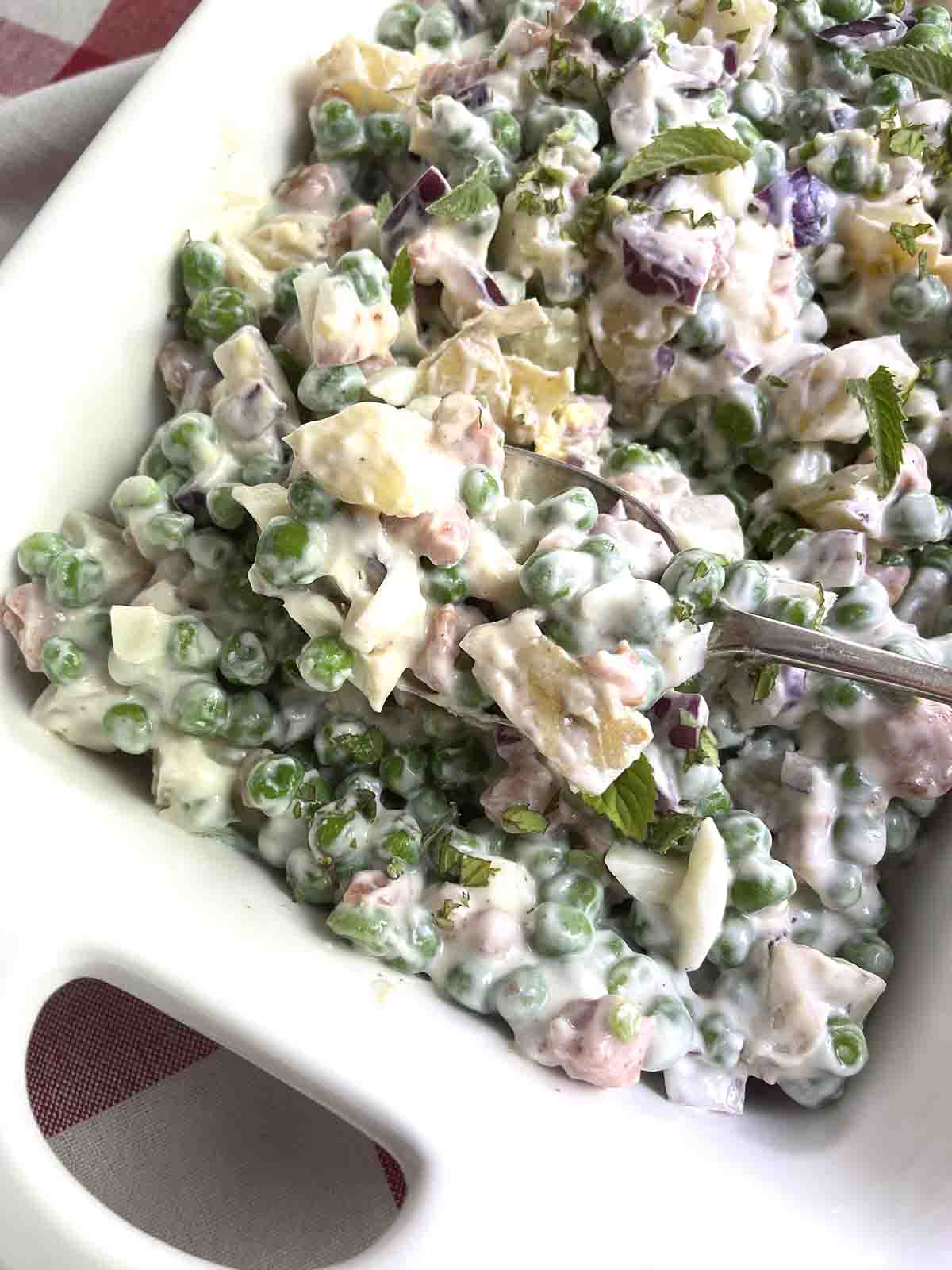 close up of old fashioned pea salad.