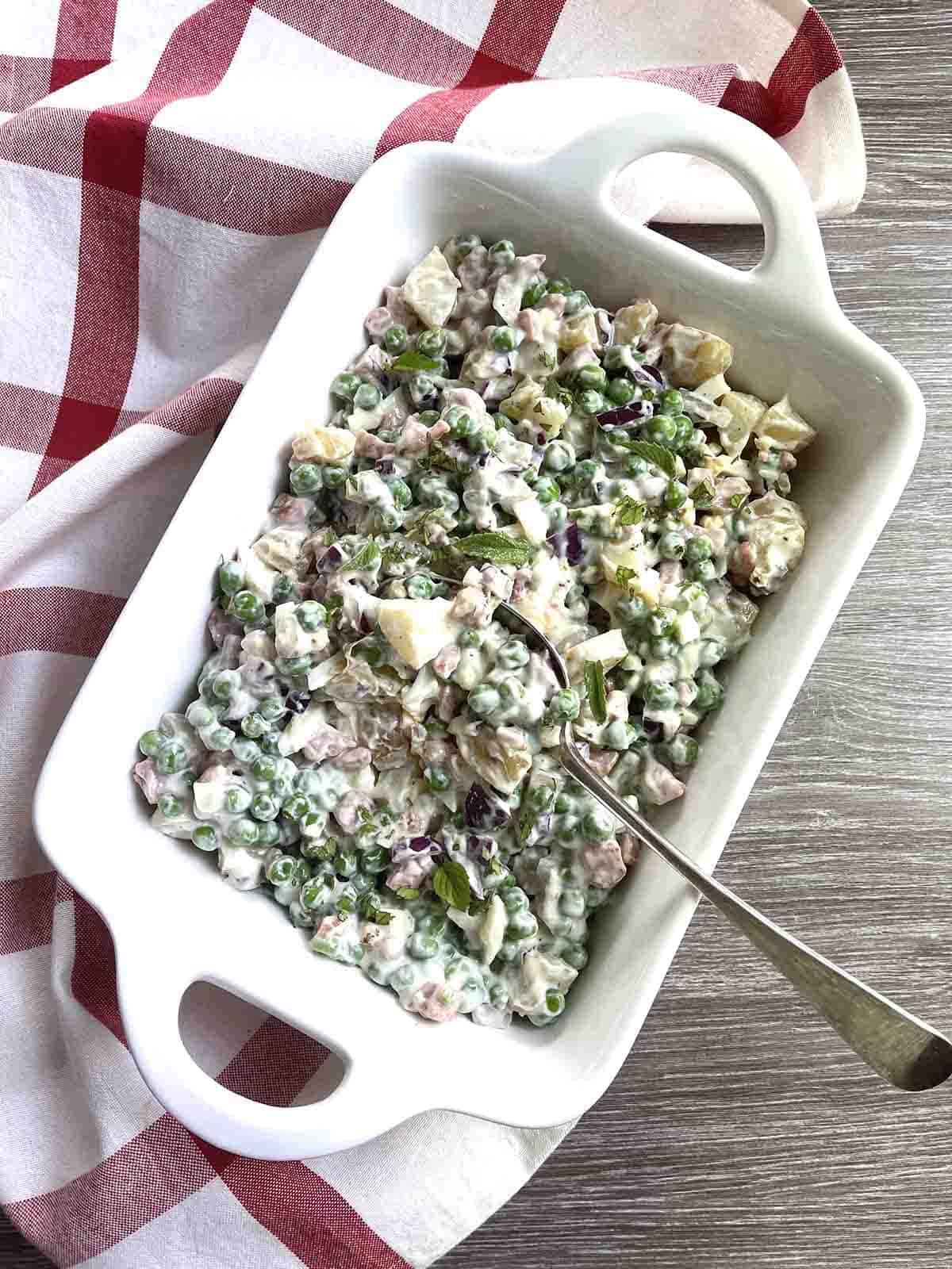 pea salad in a dish.