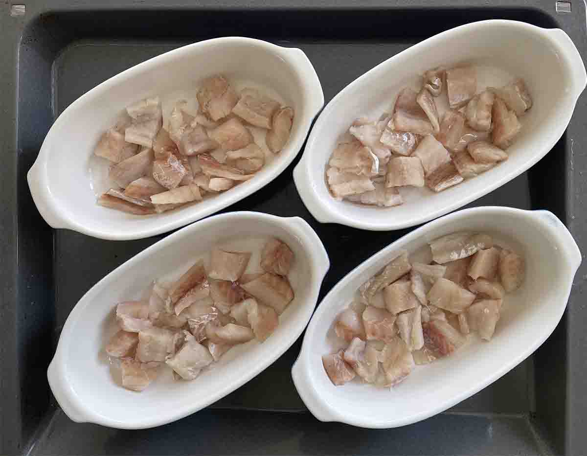 fish in serving dishes.