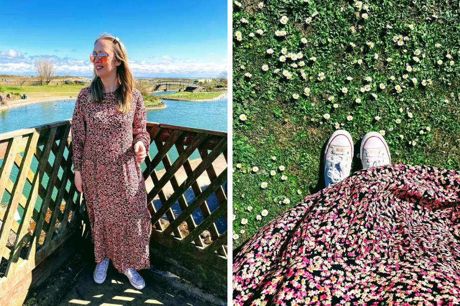 Long Floaty Floral Maxi Dress And White Converse Shoes.