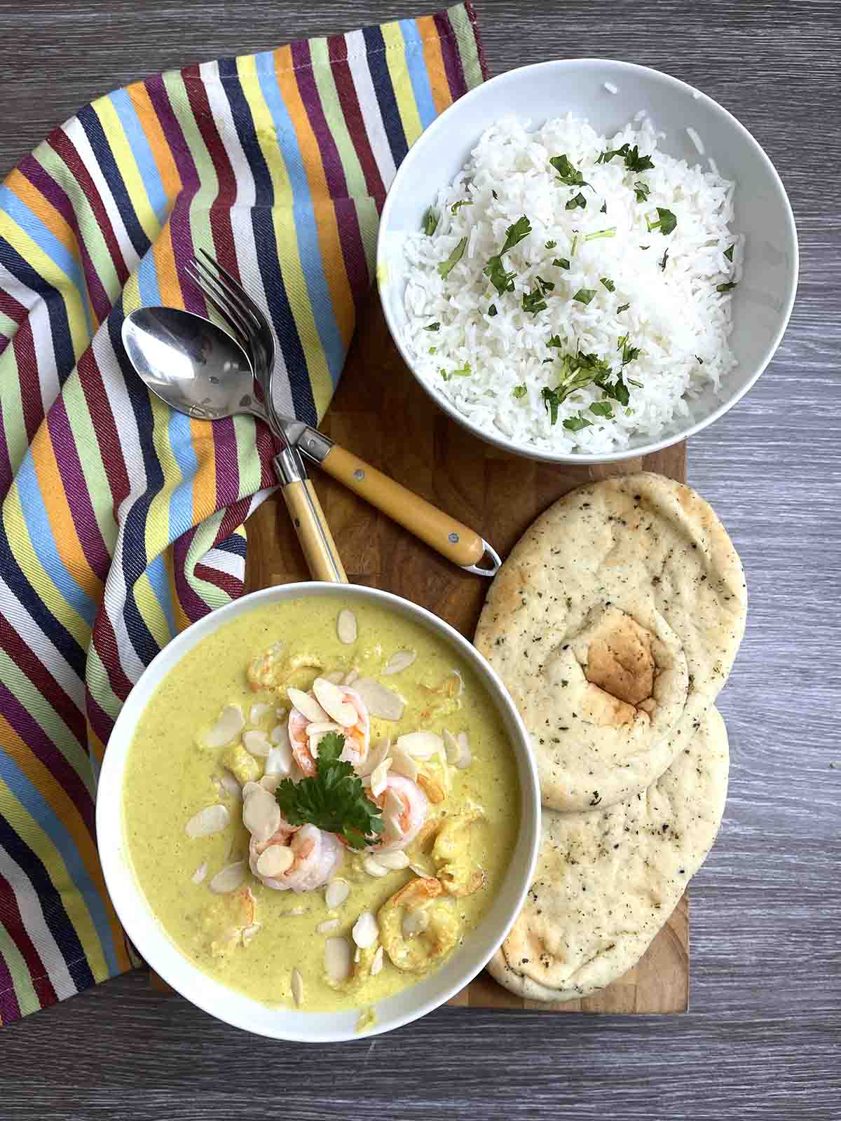 prawn curry with rice and naan.