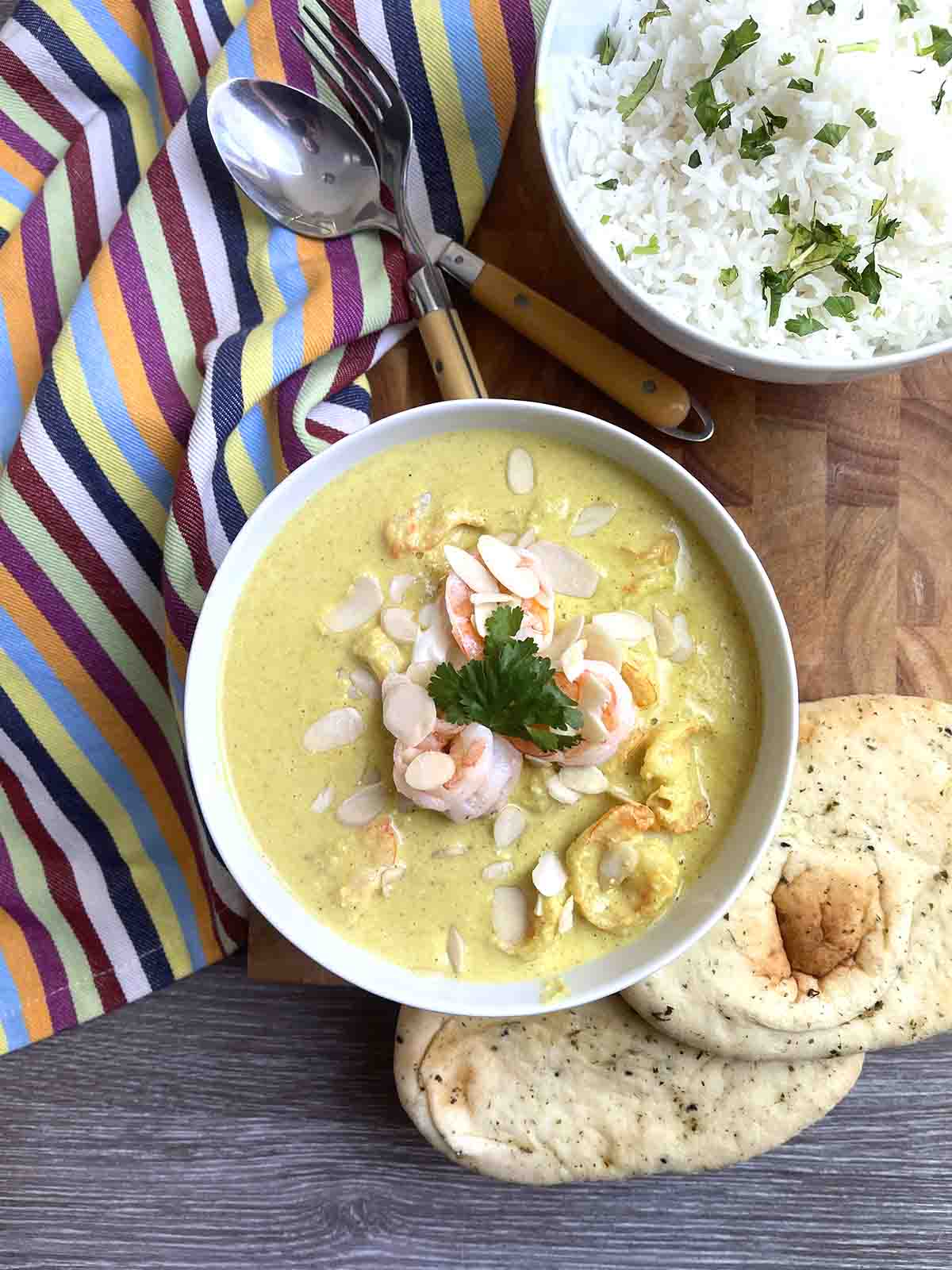 prawn korma in a bowl.