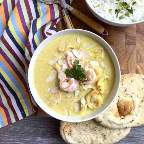 prawn korma in a bowl.