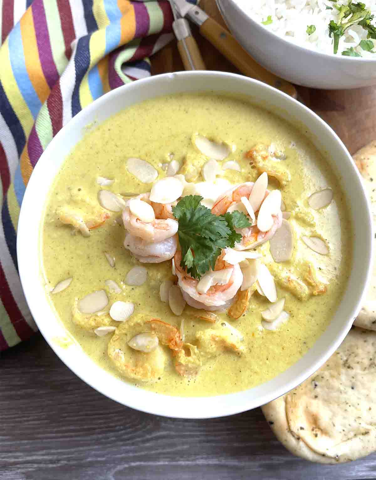close up of prawn curry in a bowl.