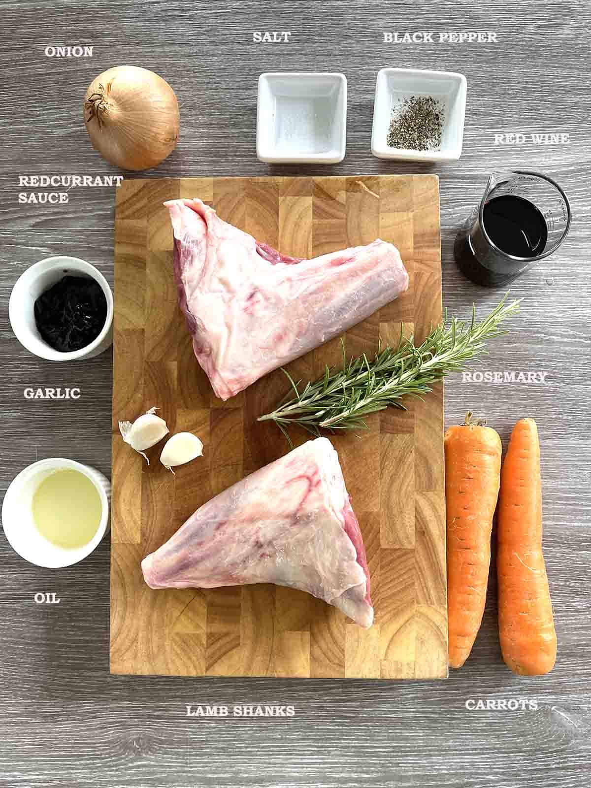 ingredients including lamb shanks, carrots and onions.