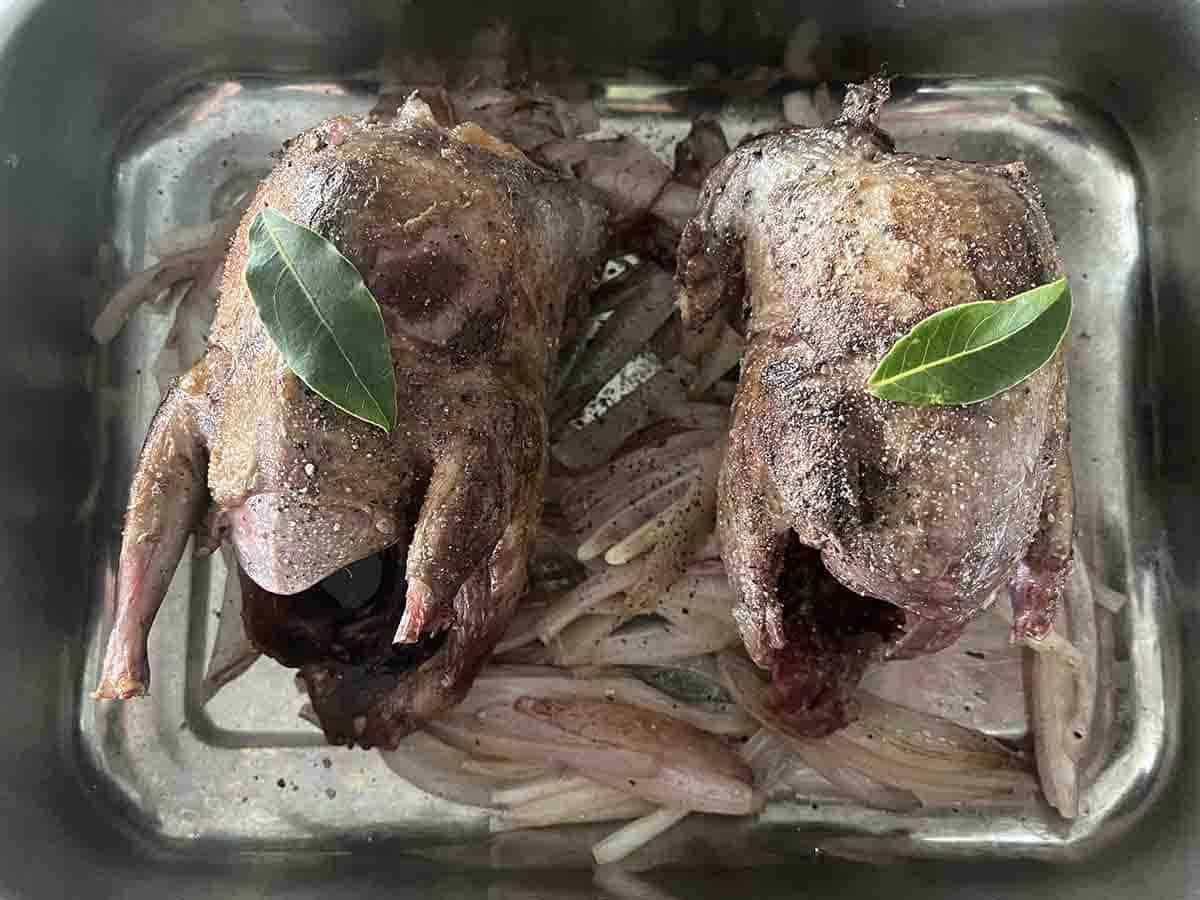 pigeon in a roasting dish.