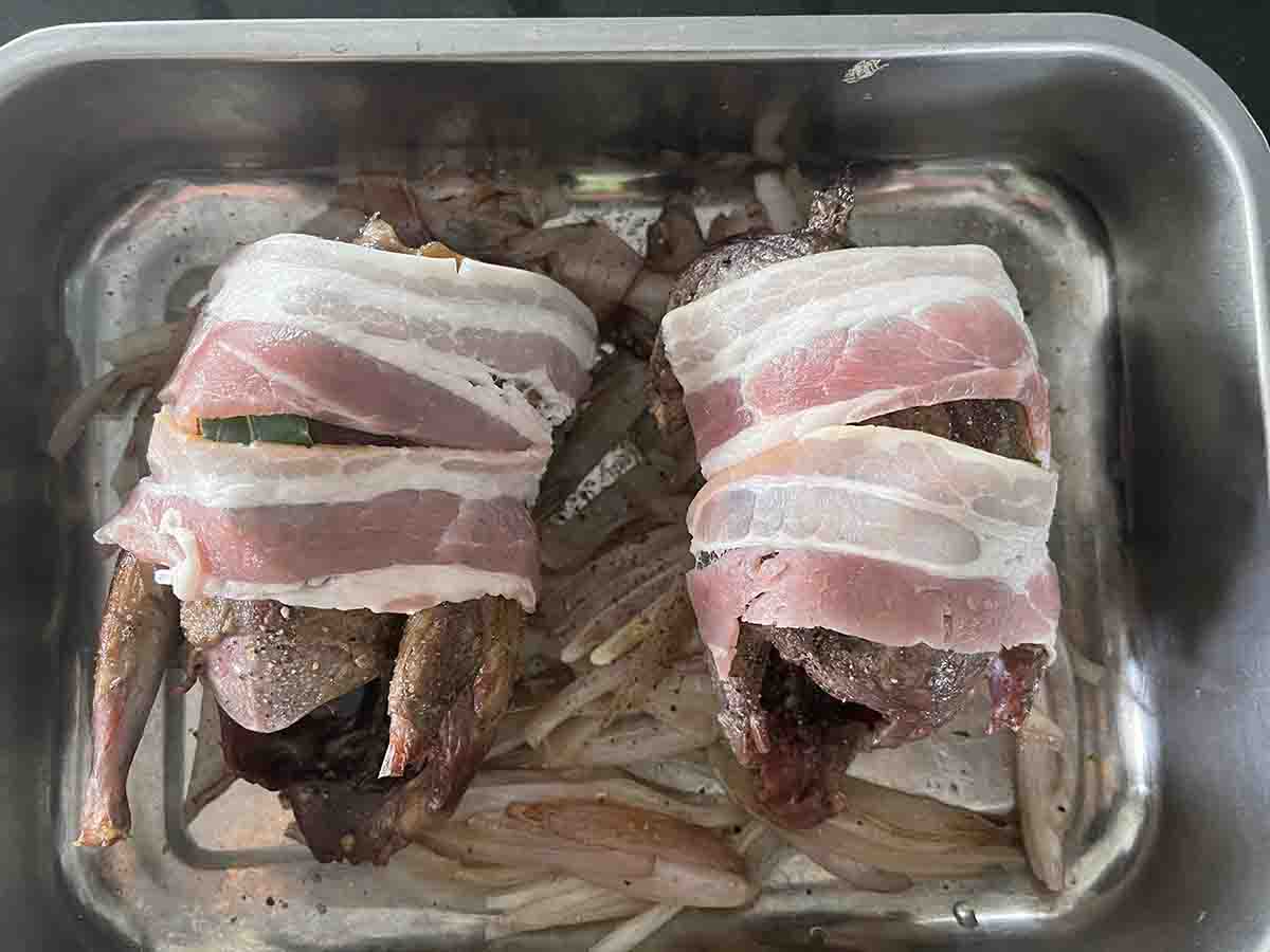 pigeon wrapped in bacon.