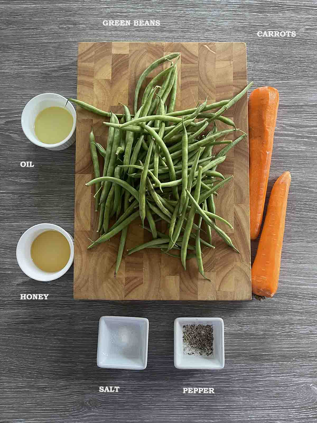 ingredients including carrots, beans, oil and seasoning.