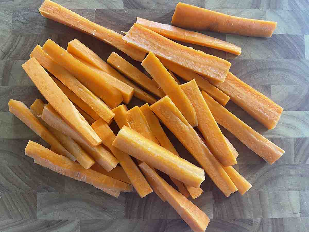 chopped carrots on a board.