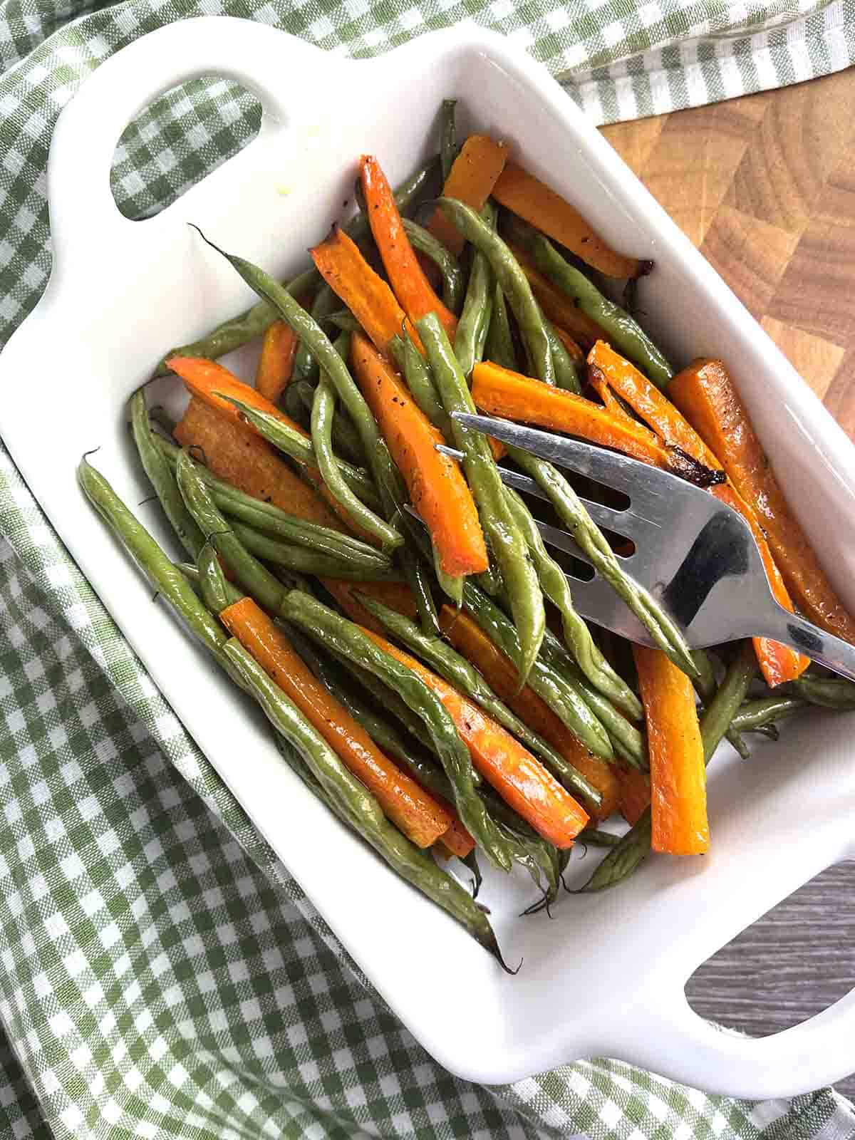 roasted vegetables in a dish.