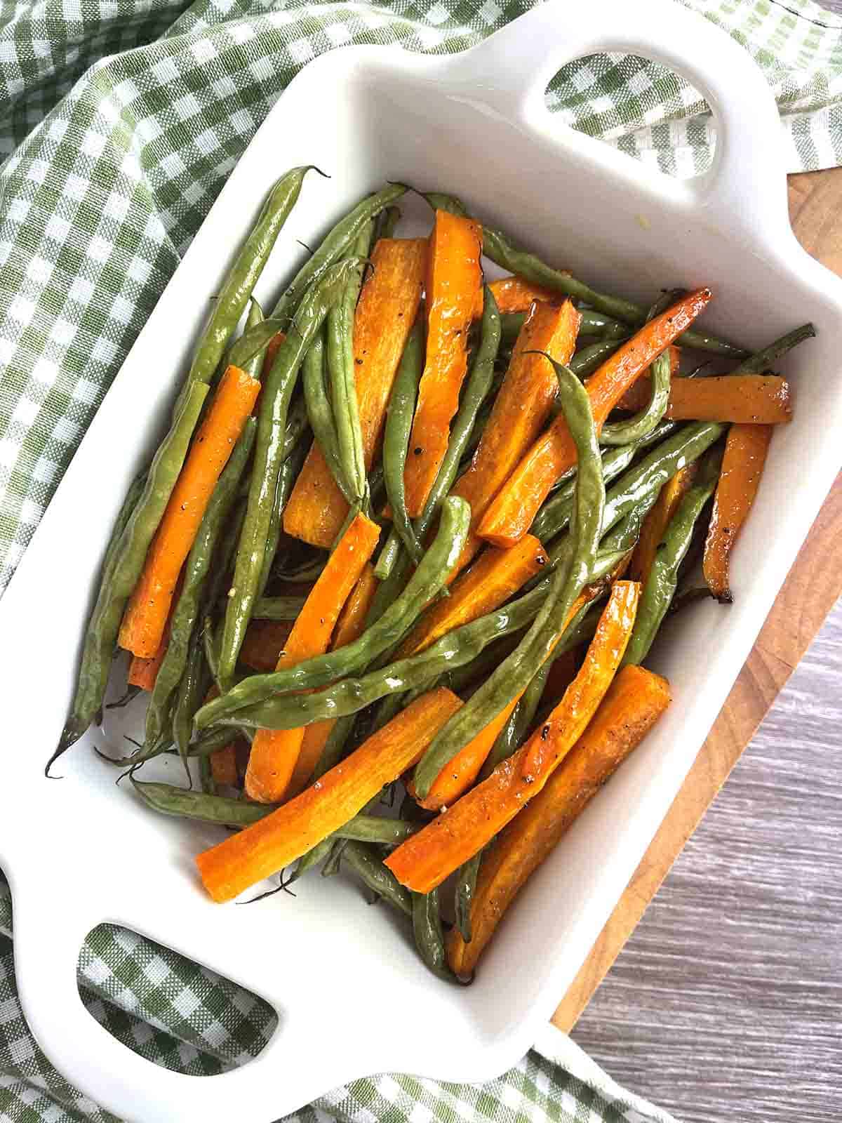 roasted vegetables in a dish.