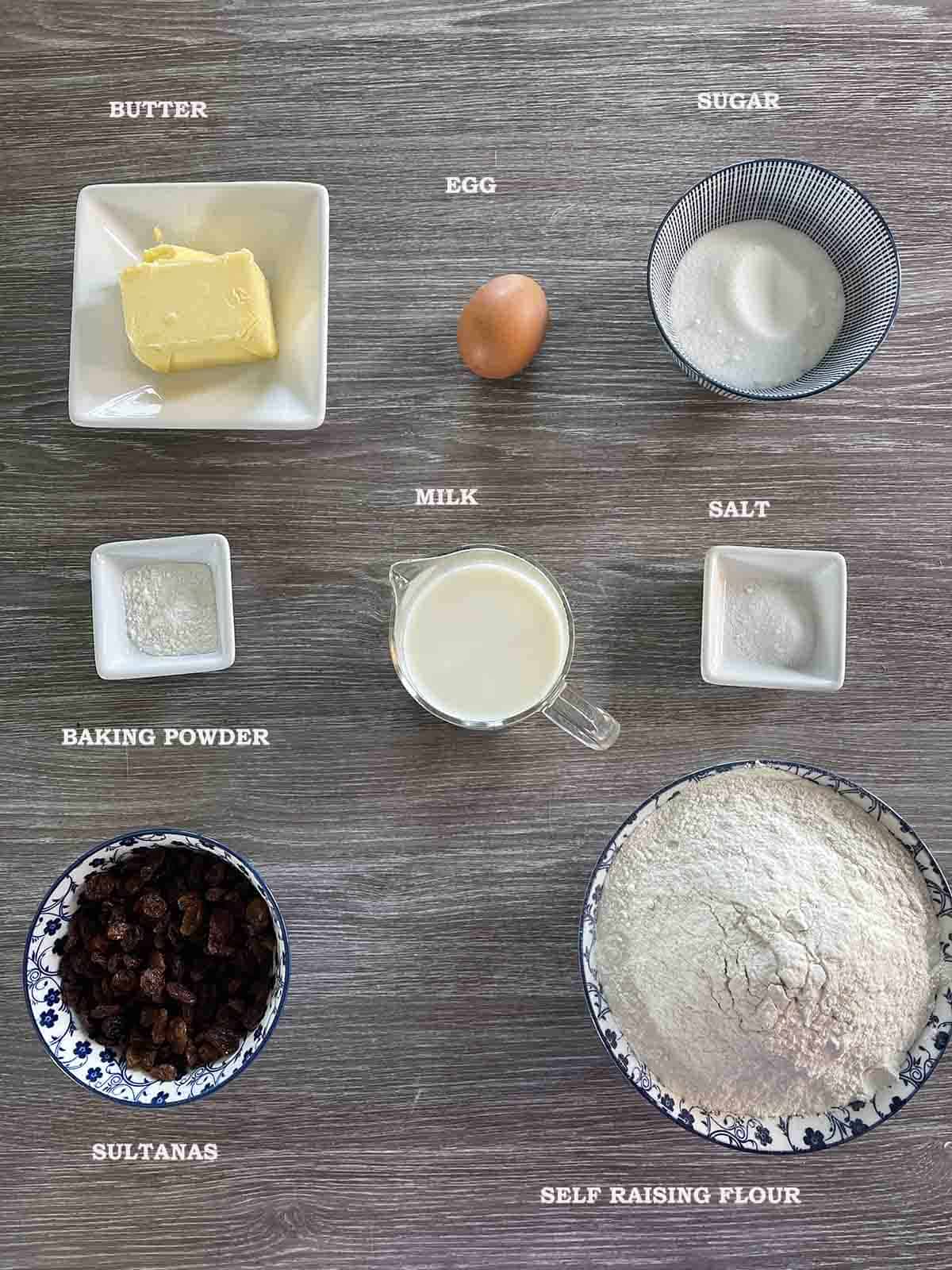 ingredients including butter, flour, sugar, sultanas.